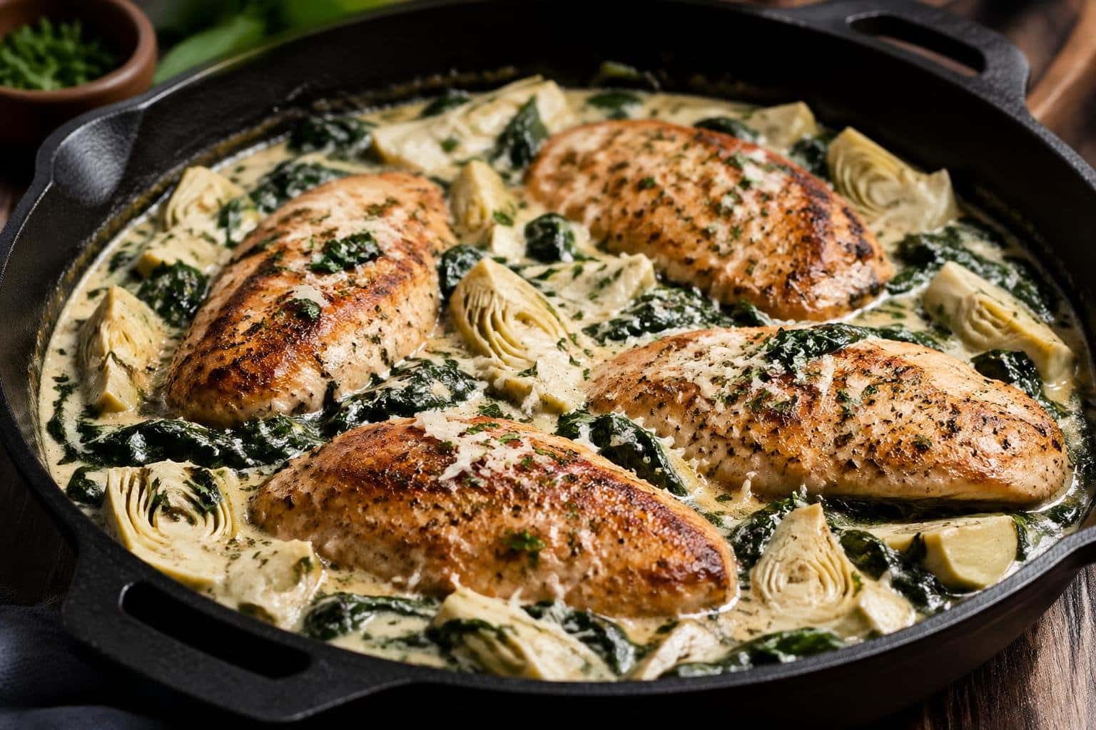 ONE Pan Creamy Spinach Artichoke Chicken Recipe