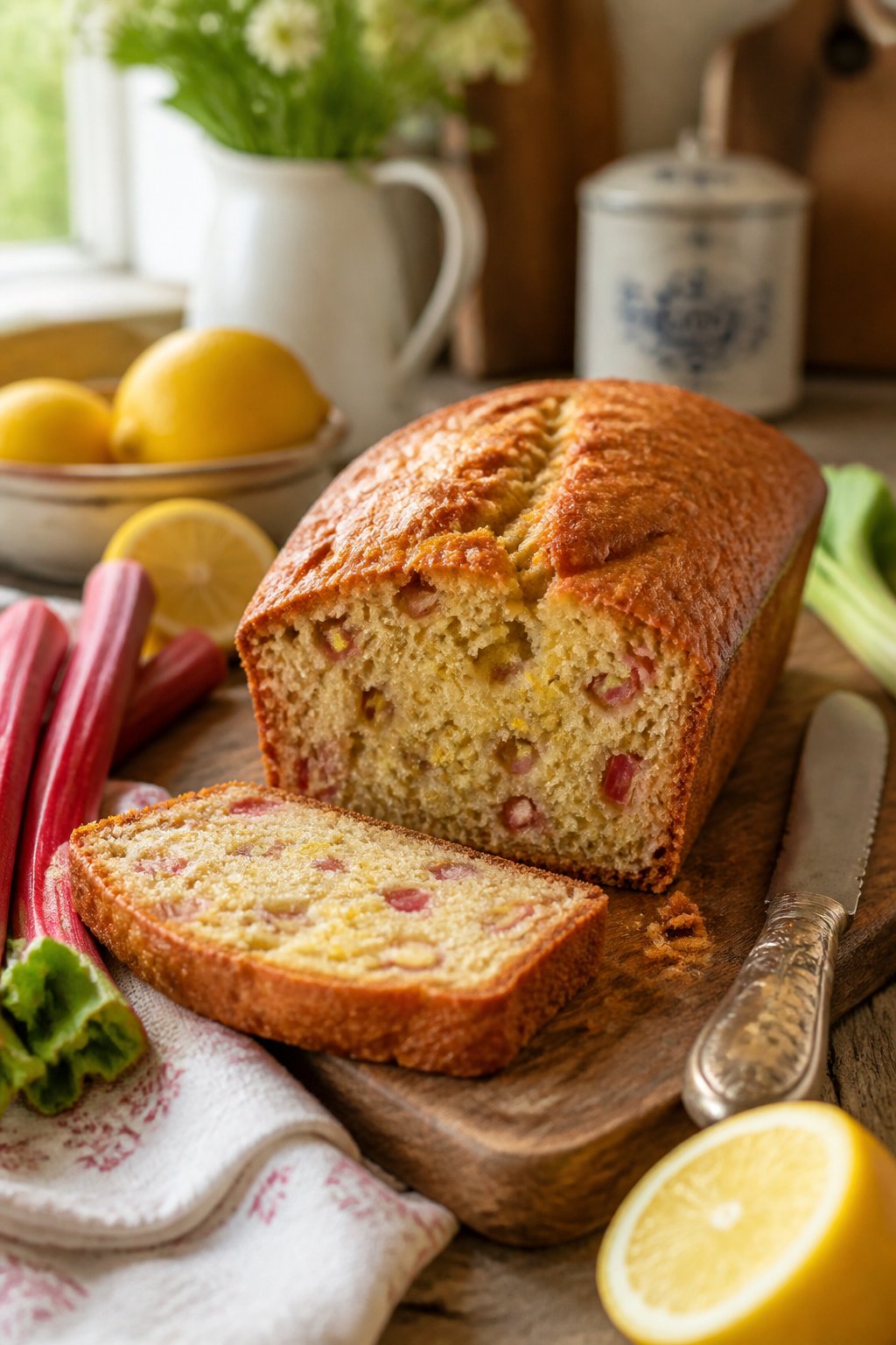 Classic Lemon Rhubarb Bread Recipe close-up, ready to serve
