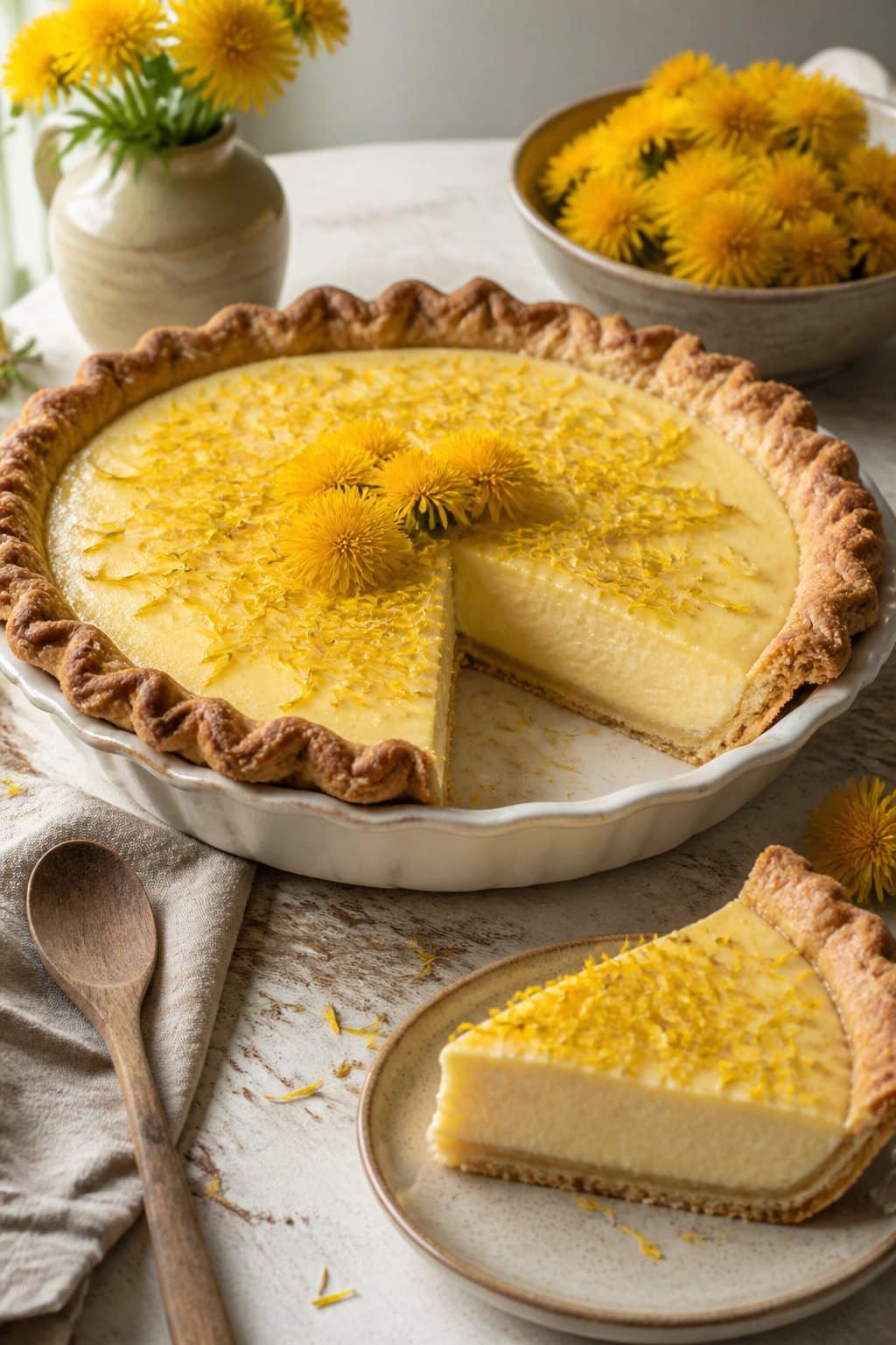 Dandelion Cream Pie Recipe close-up, ready to serve