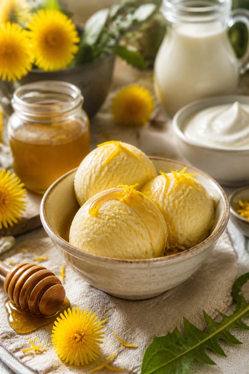 Dandelion Honey Ice Cream Recipe close-up, ready to serve