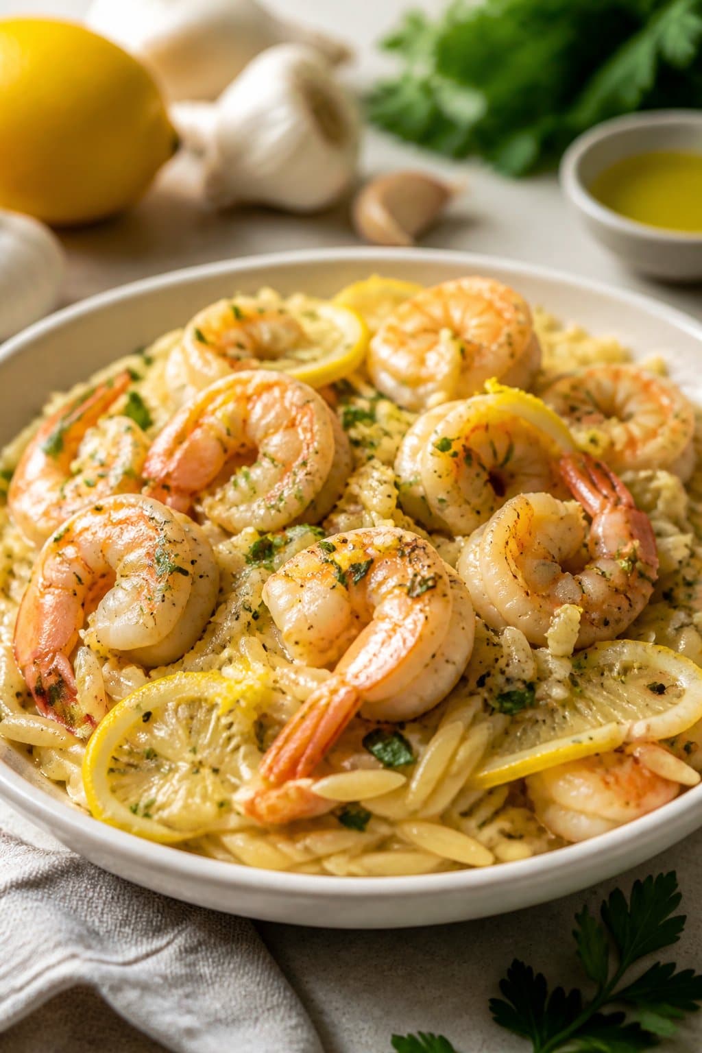 Lemon Garlic Shrimp Orzo Recipe close-up, ready to serve