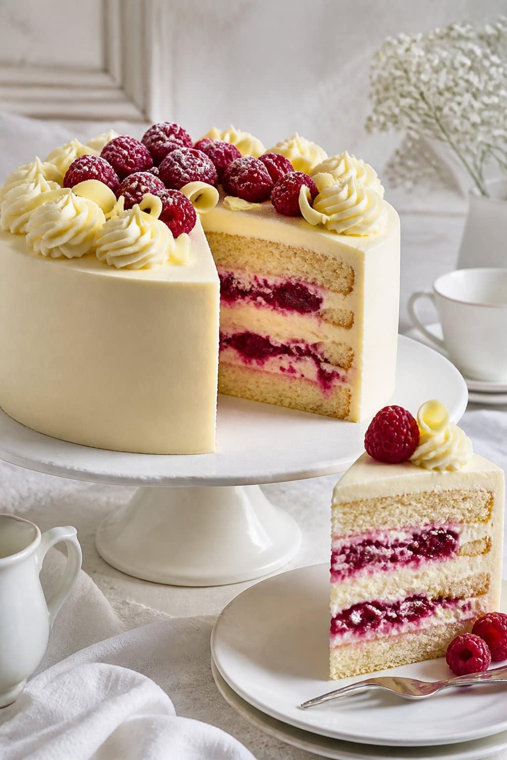 Mary Berry White Chocolate And Raspberry Cake Recipe close-up, ready to serve