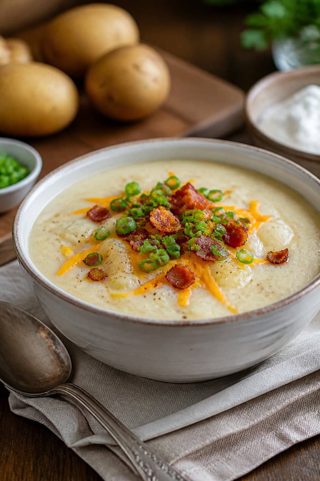 Paula Deen Potato Soup Recipe close-up, ready to serve