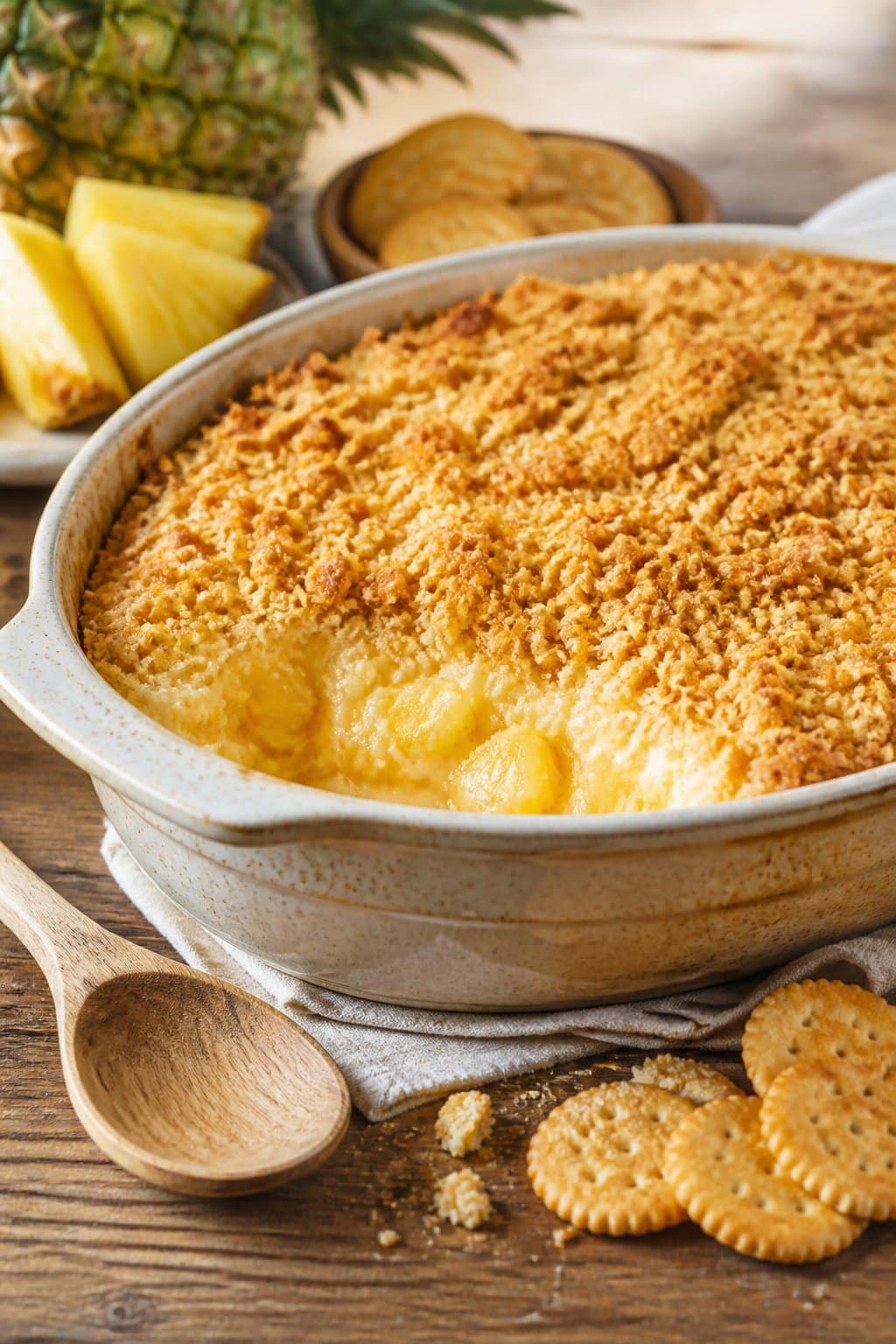 Pineapple Casserole With Ritz Crackers Recipe close-up, ready to serve