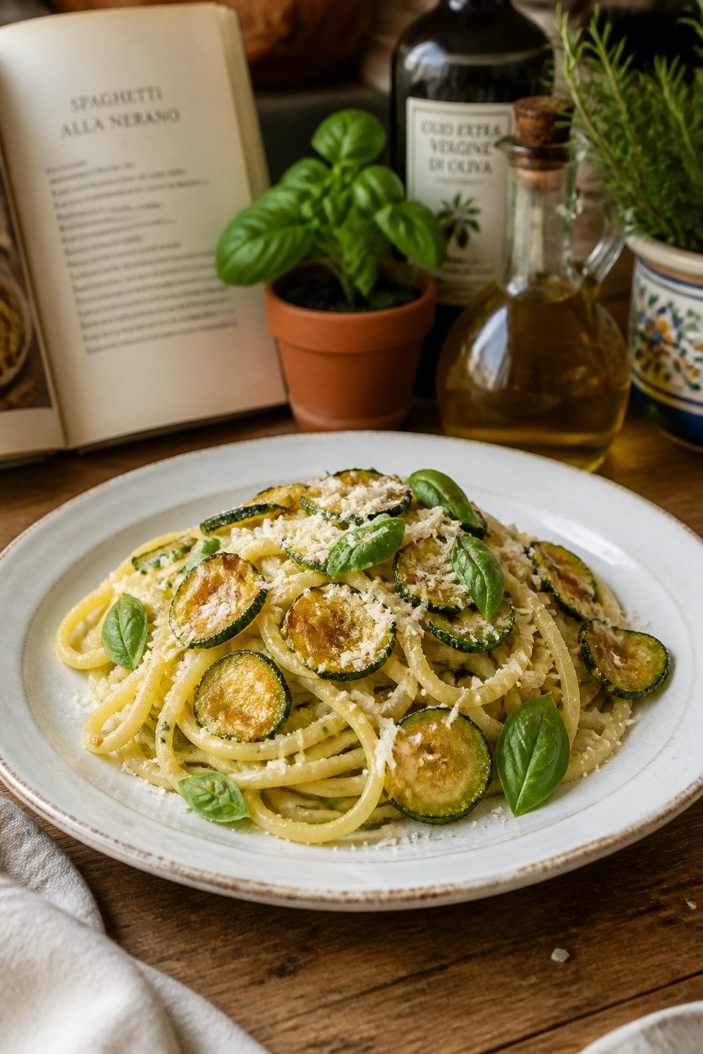 Stanley Tucci Spaghetti Alla Nerano Recipe close-up, ready to serve