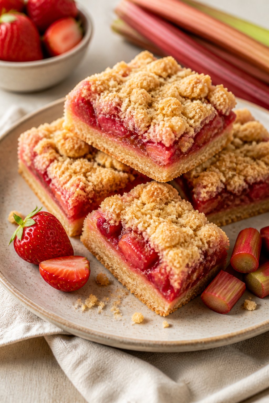 Strawberry Rhubarb Crumb Bars Recipe close-up, ready to serve