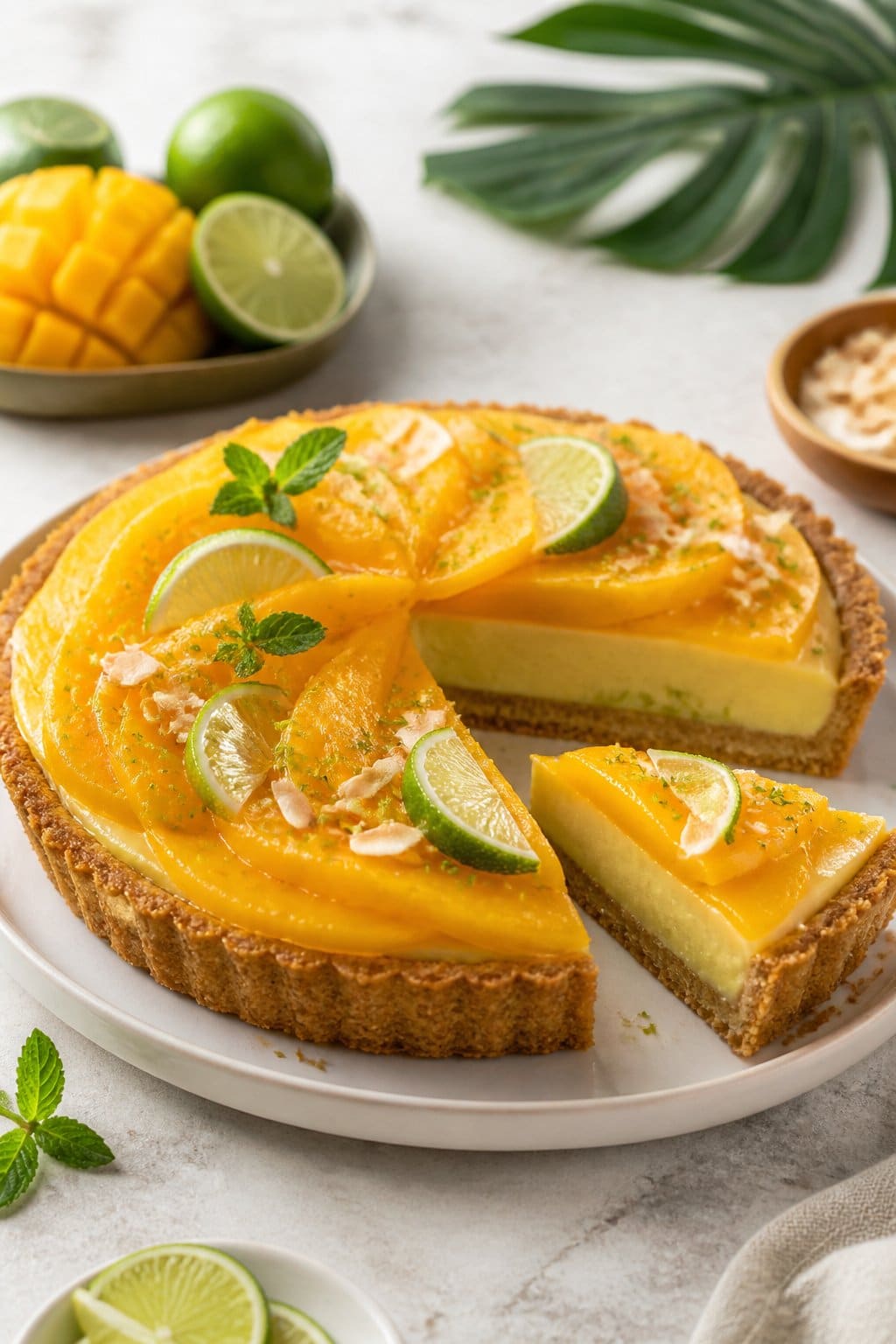 Tropical Mango Key Lime Pie Recipe close-up, ready to serve