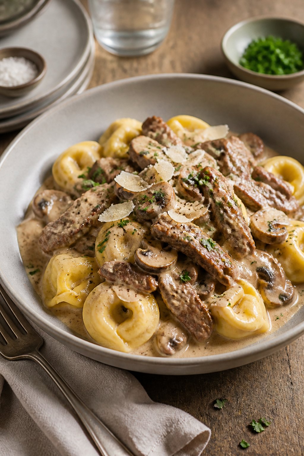 Beef Stroganoff With Creamy Tortellini Recipe close-up, ready to serve