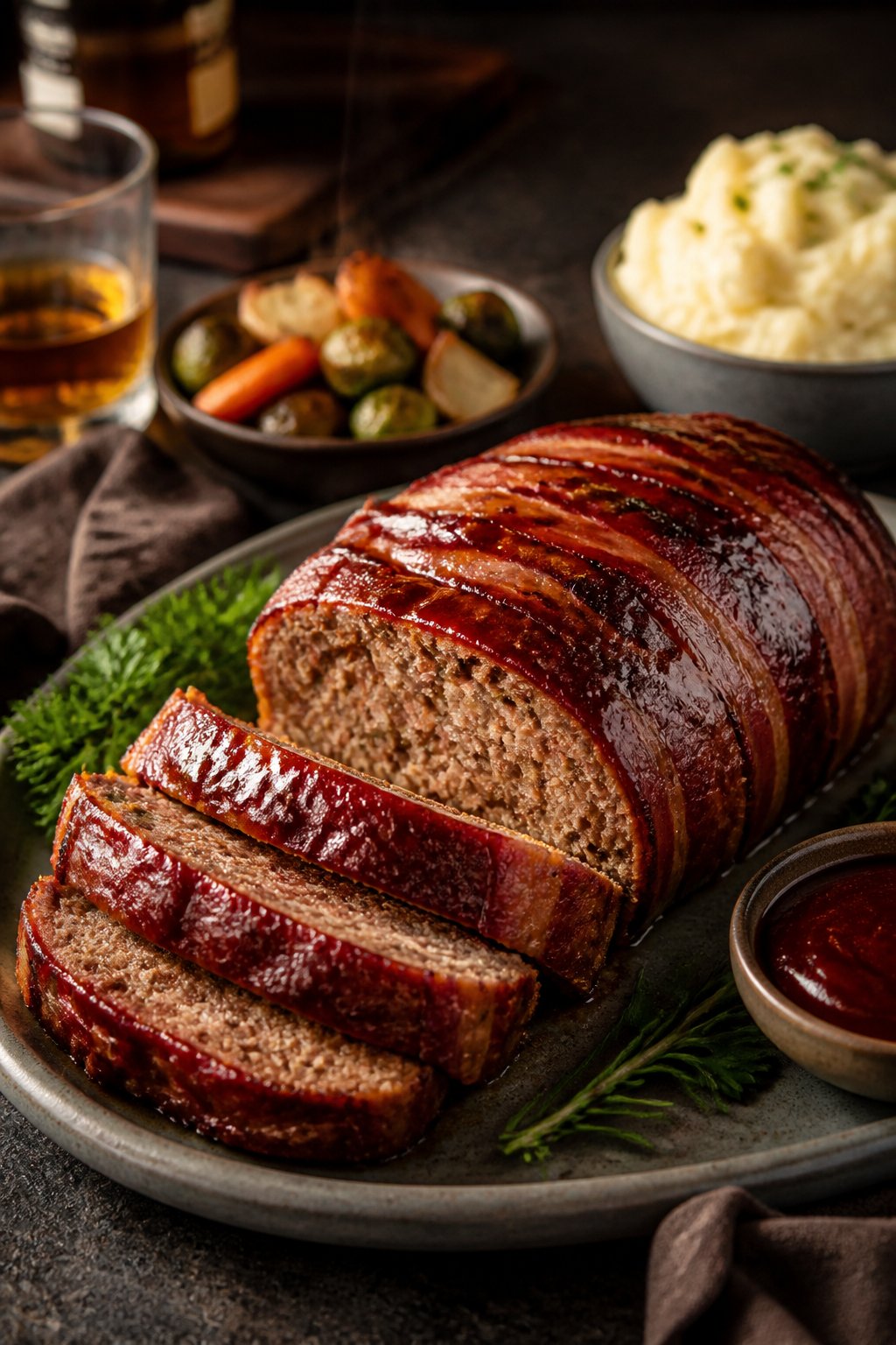 Bourbon BBQ Bacon Wrapped Meatloaf Recipe close-up, ready to serve
