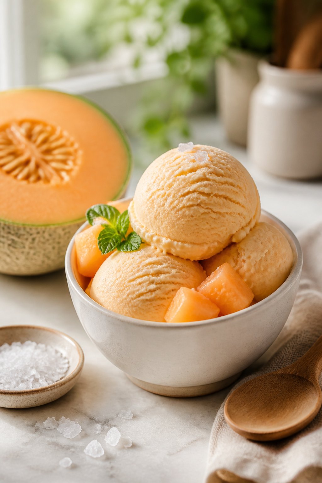 Cantaloupe Sea Salt Ice Cream Recipe close-up, ready to serve