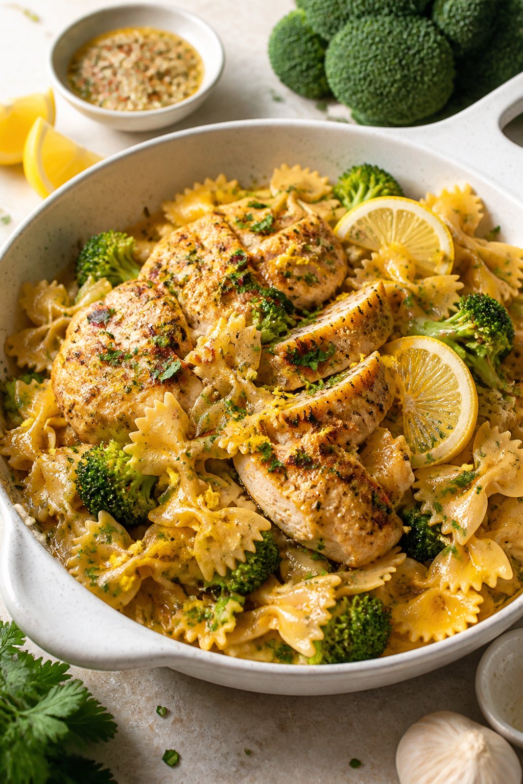 Cowboy Butter Lemon Bowtie Chicken With Broccoli Recipe close-up, ready to serve