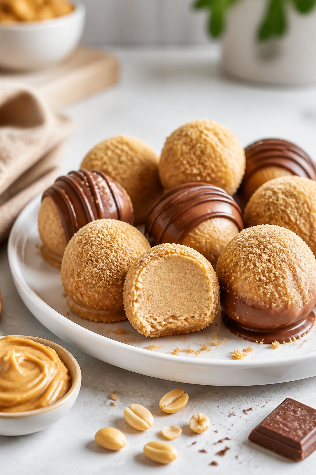 Creamy No Bake Peanut Butter Cheesecake Balls Recipe close-up, ready to serve