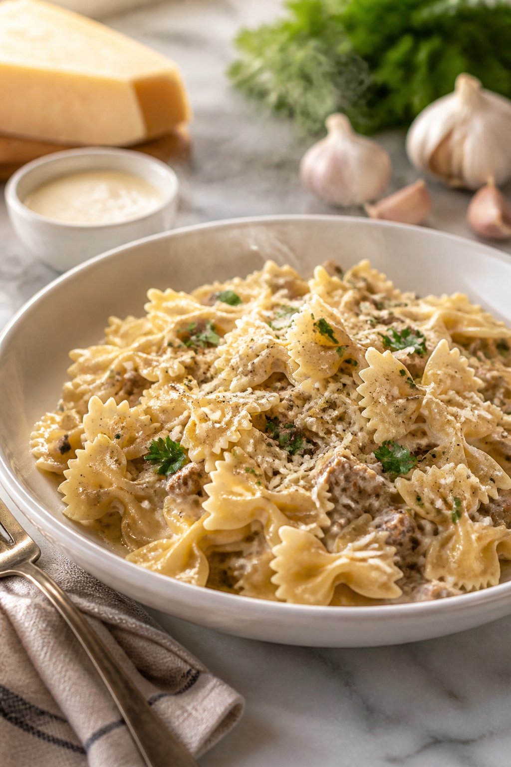 Creamy Parmesan Garlic Beef Bowtie Pasta Recipe close-up, ready to serve