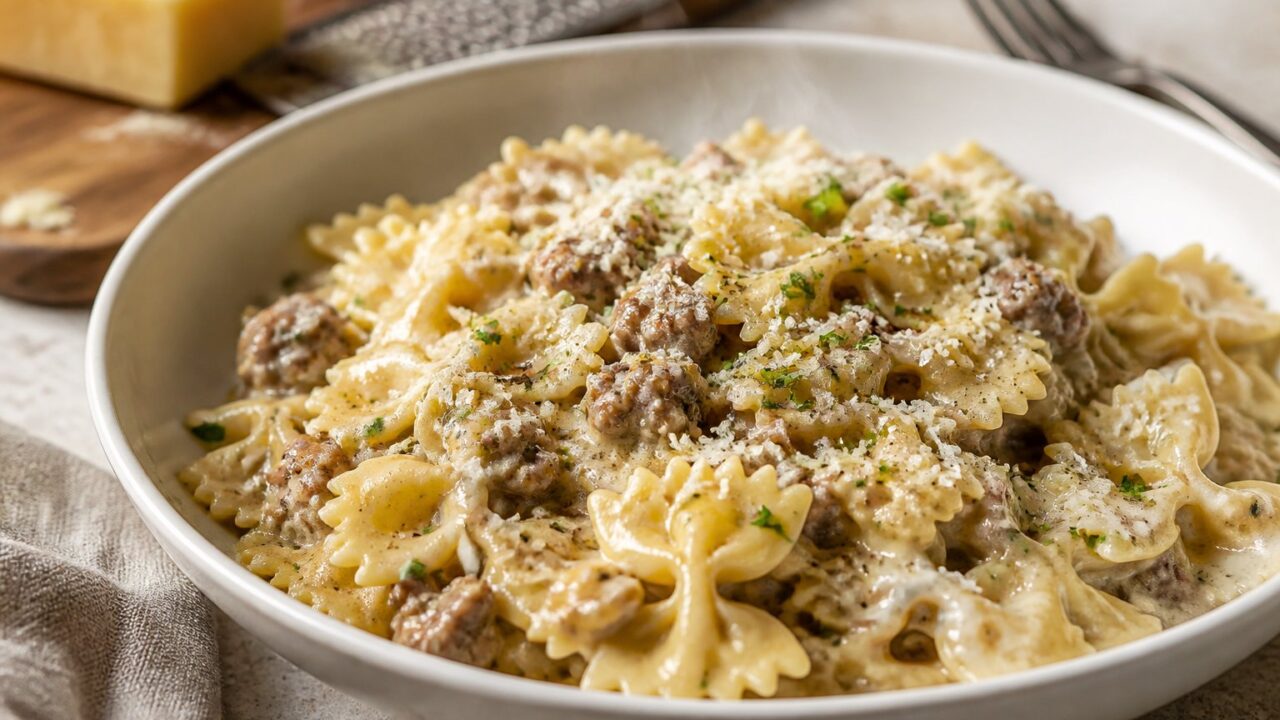 Creamy Parmesan Garlic Beef Bowtie Pasta Recipe
