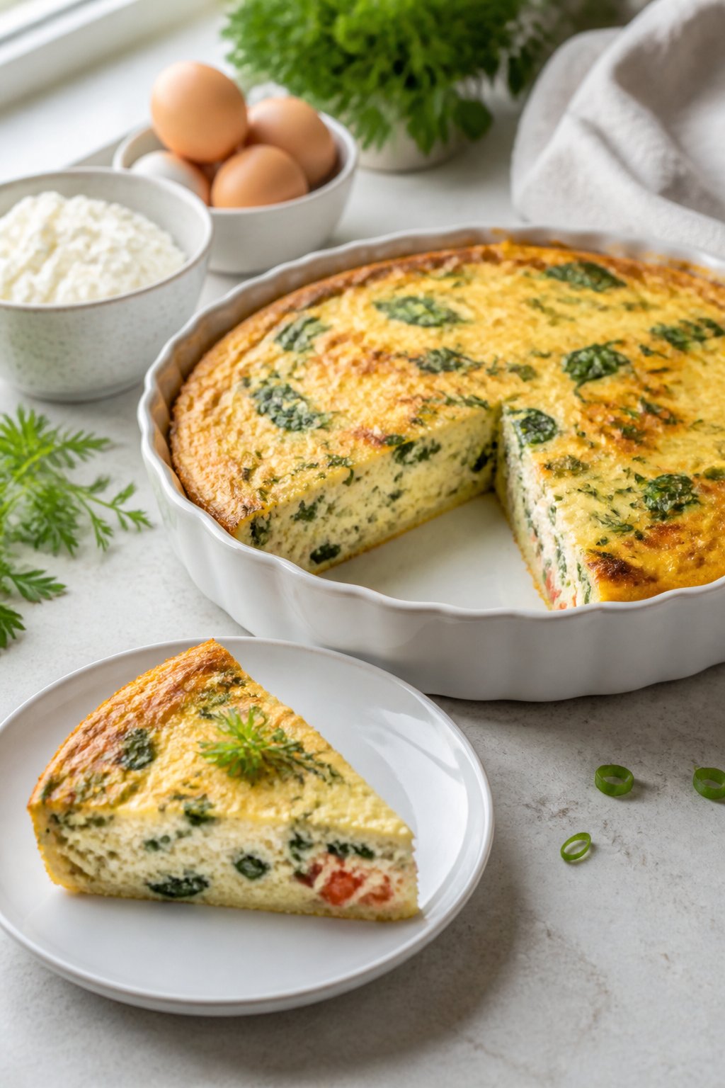 Crustless Cottage Cheese Breakfast Quiche Recipe close-up, ready to serve