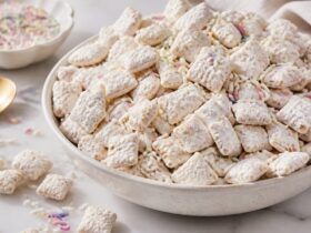 Easy Cake Batter Puppy Chow With White Chocolate Sprinkles Recipe