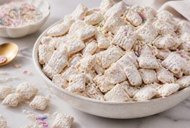 Easy Cake Batter Puppy Chow With White Chocolate Sprinkles Recipe