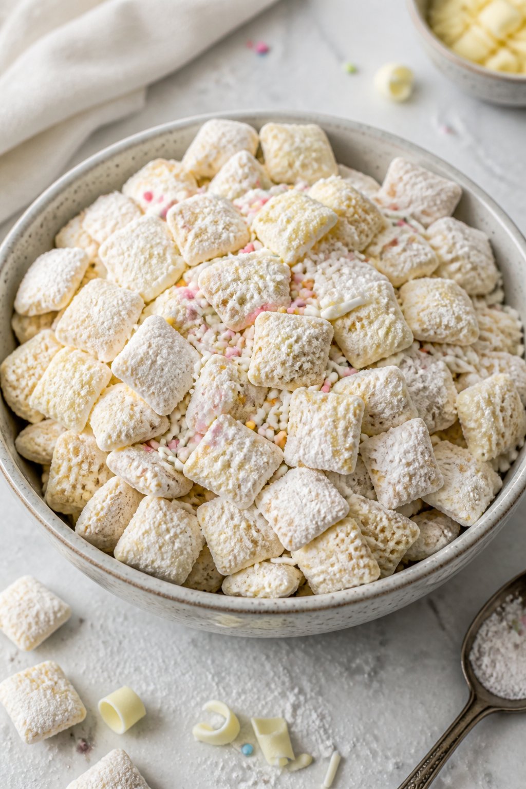 Easy Cake Batter Puppy Chow With White Chocolate Sprinkles Recipe close-up, ready to serve