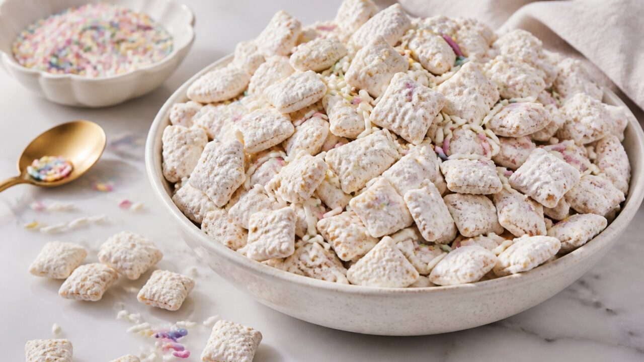 Easy Cake Batter Puppy Chow With White Chocolate Sprinkles Recipe