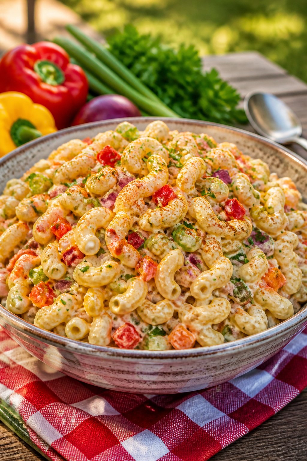 Guy Fieris Macaroni Salad Recipe close-up, ready to serve