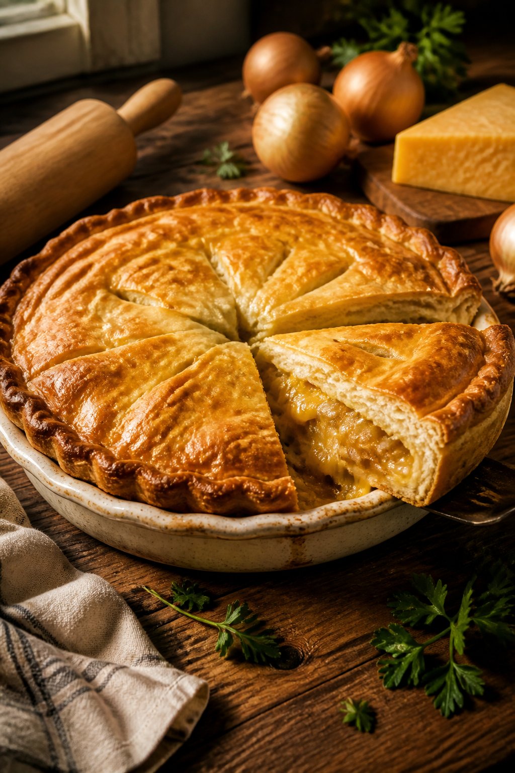 Hairy Bikers Cheese And Onion Pie Recipe close-up, ready to serve