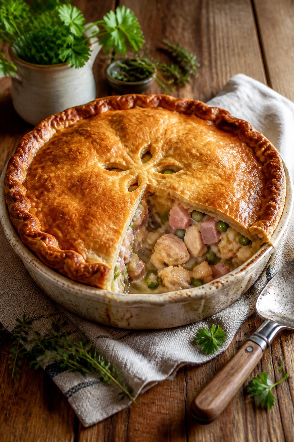 Hairy Bikers Chicken And Ham Pie Recipe close-up, ready to serve