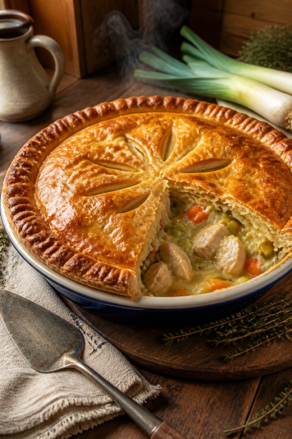 Hairy Bikers Chicken And Leek Pie Recipe close-up, ready to serve