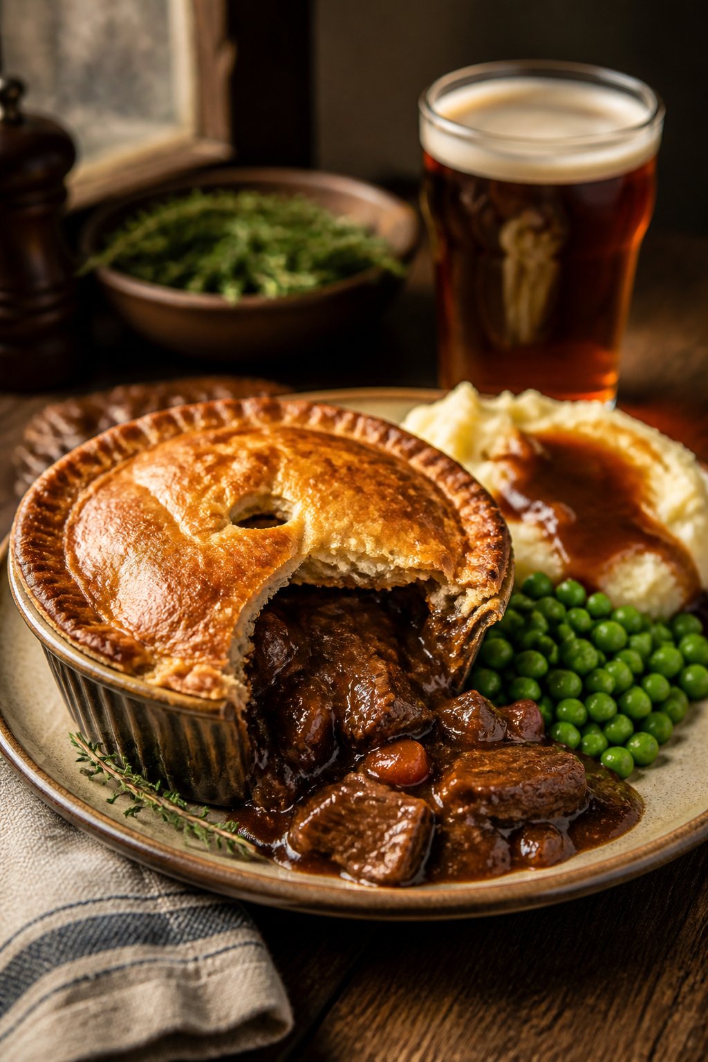 Hairy Bikers Steak Ale Pie Recipe close-up, ready to serve