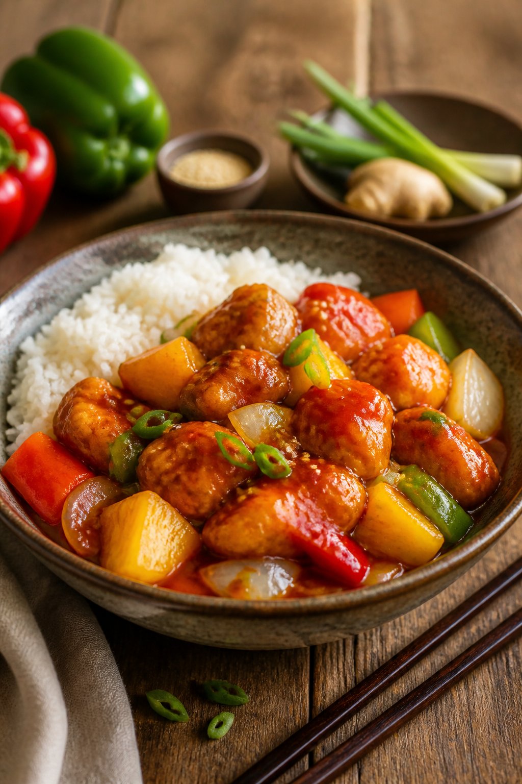 Hairy Bikers Sweet And Sour Chicken Recipe close-up, ready to serve