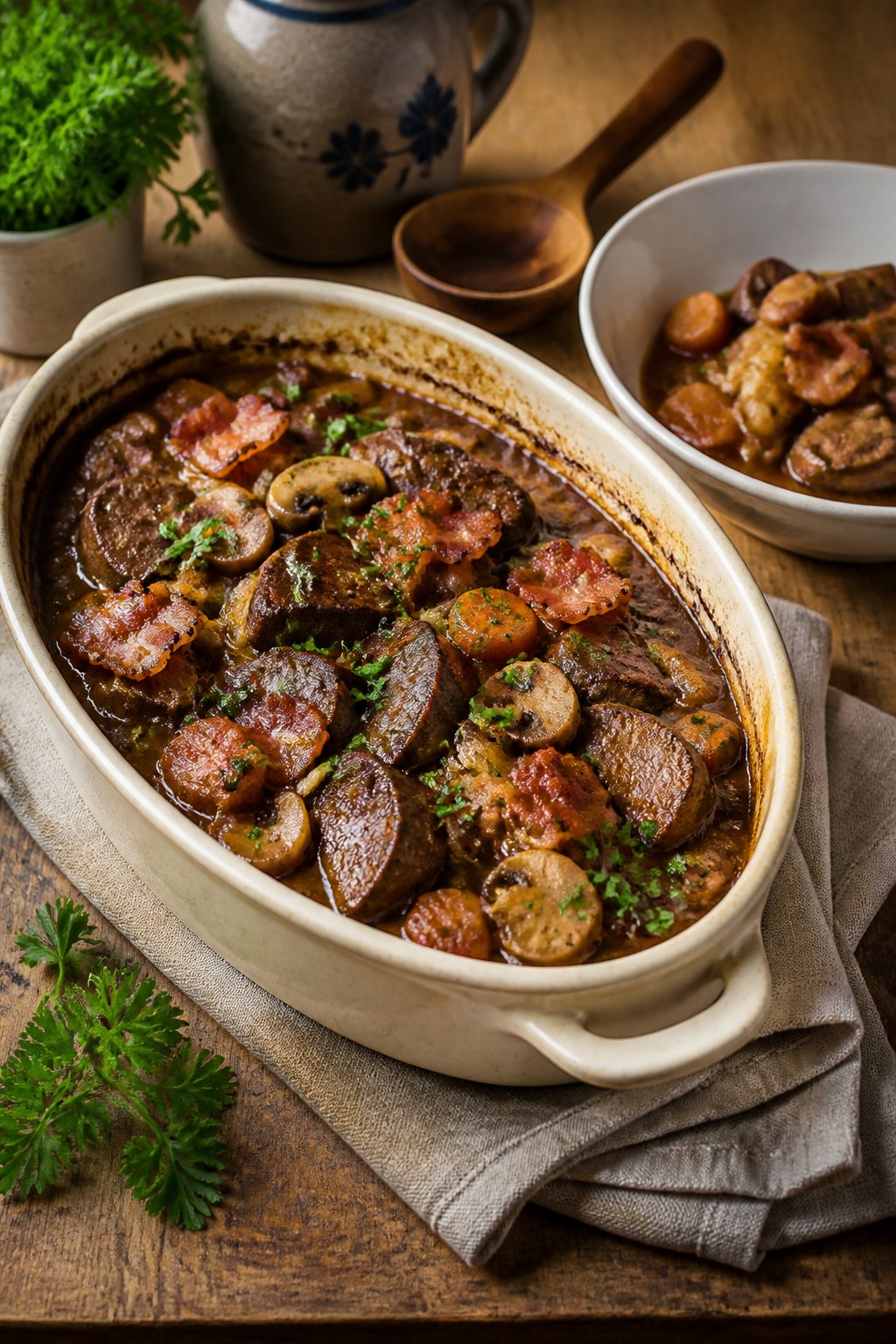 Mary Berry Liver And Bacon Casserole Recipe close-up, ready to serve