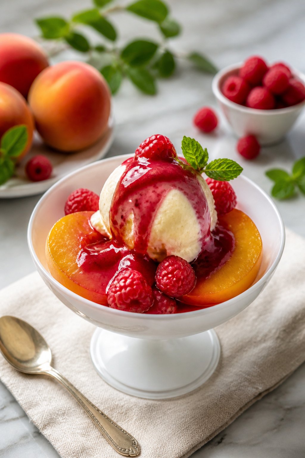 Mary Berry Peach Melba Recipe close-up, ready to serve
