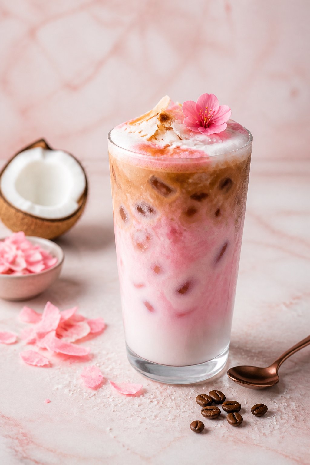Pink Coconut Iced Latte Recipe close-up, ready to serve