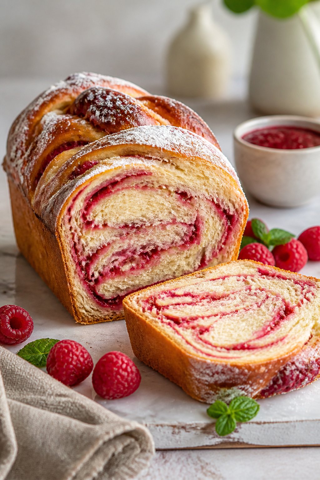 Raspberry Swirl Brioche Loaf Recipe close-up, ready to serve