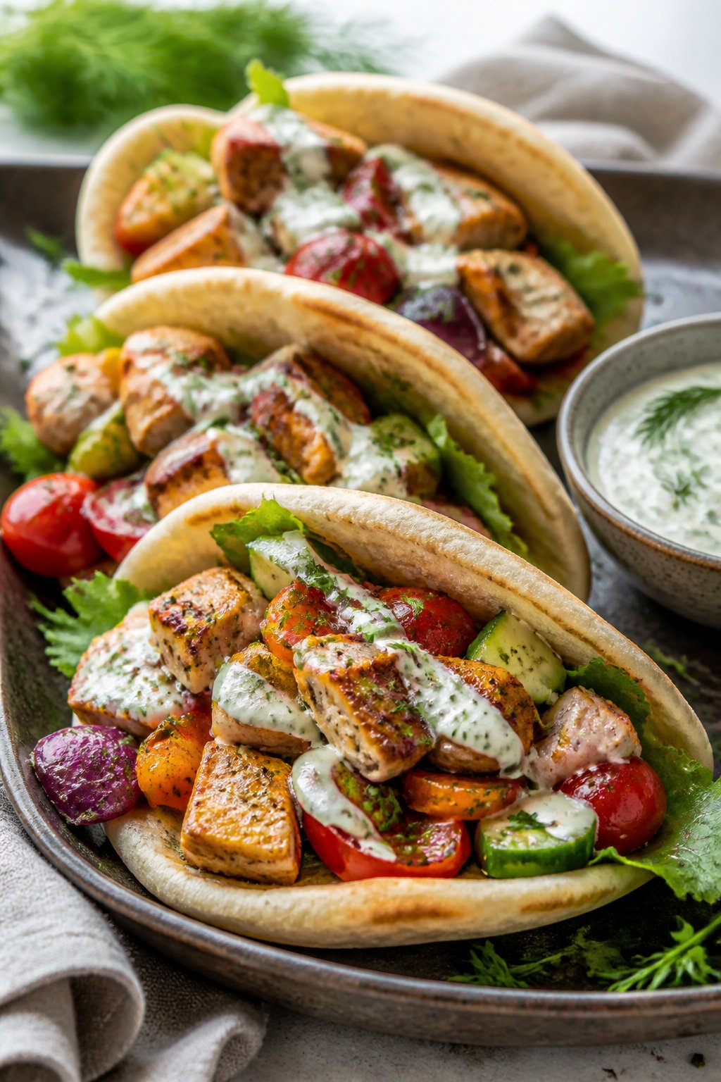 Sheet Pan Chicken Pitas With Herby Ranch Recipe close-up, ready to serve