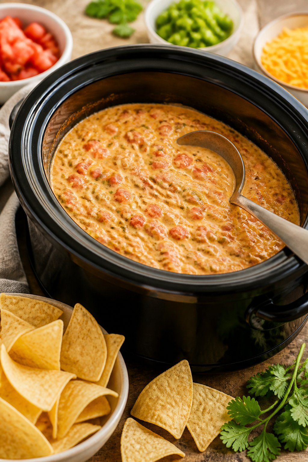 Slow Cooker Rotel Dip Recipe close-up, ready to serve