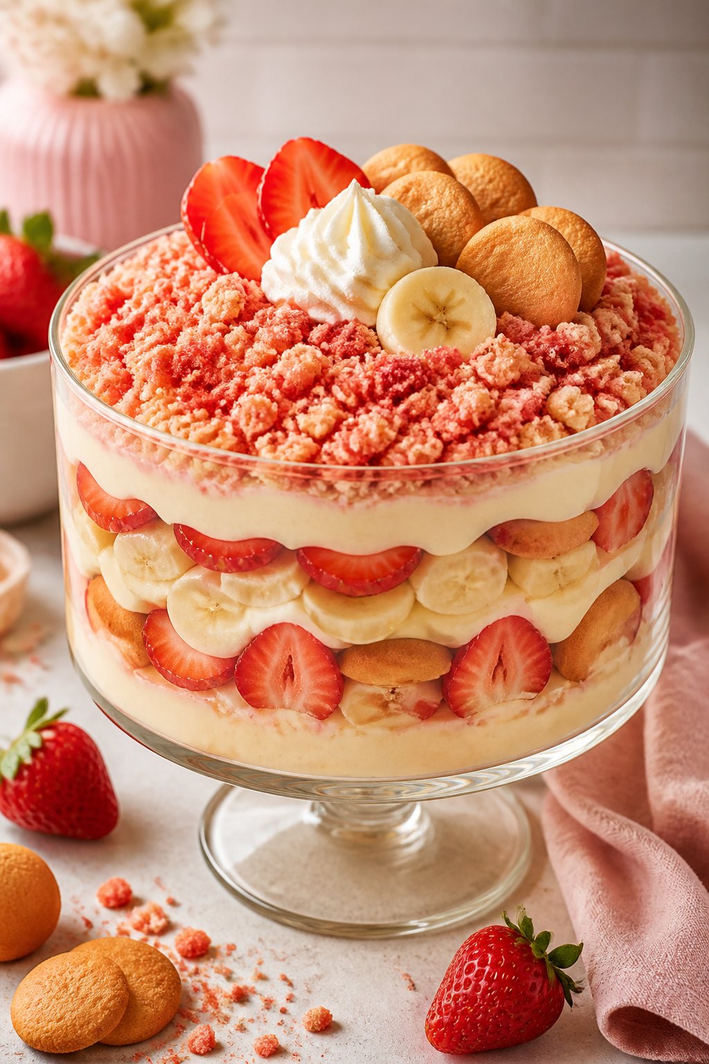 Strawberry Crunch Banana Pudding Recipe close-up, ready to serve
