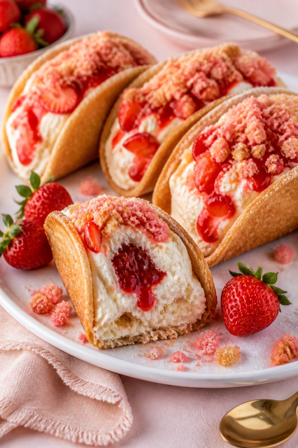 Strawberry Crunch Cheesecake Tacos Recipe close-up, ready to serve